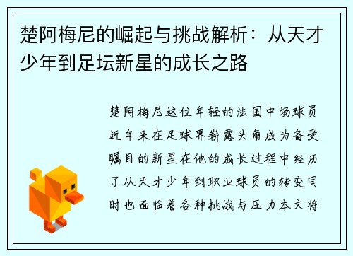 楚阿梅尼的崛起与挑战解析：从天才少年到足坛新星的成长之路