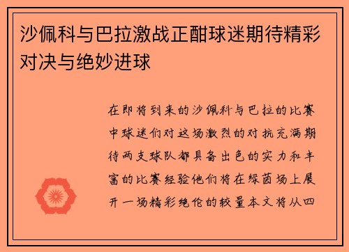 沙佩科与巴拉激战正酣球迷期待精彩对决与绝妙进球