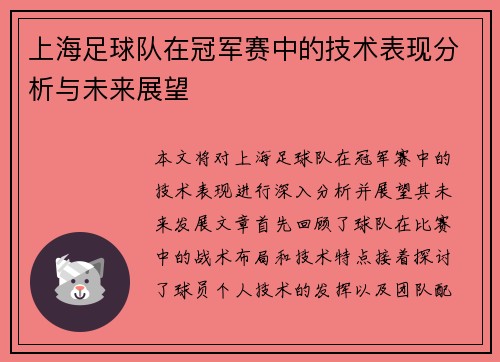 上海足球队在冠军赛中的技术表现分析与未来展望