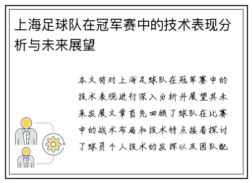 上海足球队在冠军赛中的技术表现分析与未来展望