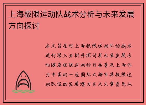 上海极限运动队战术分析与未来发展方向探讨