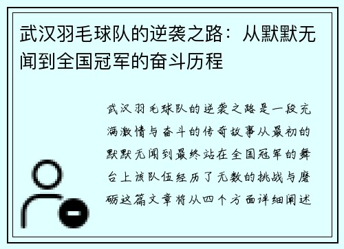 武汉羽毛球队的逆袭之路：从默默无闻到全国冠军的奋斗历程